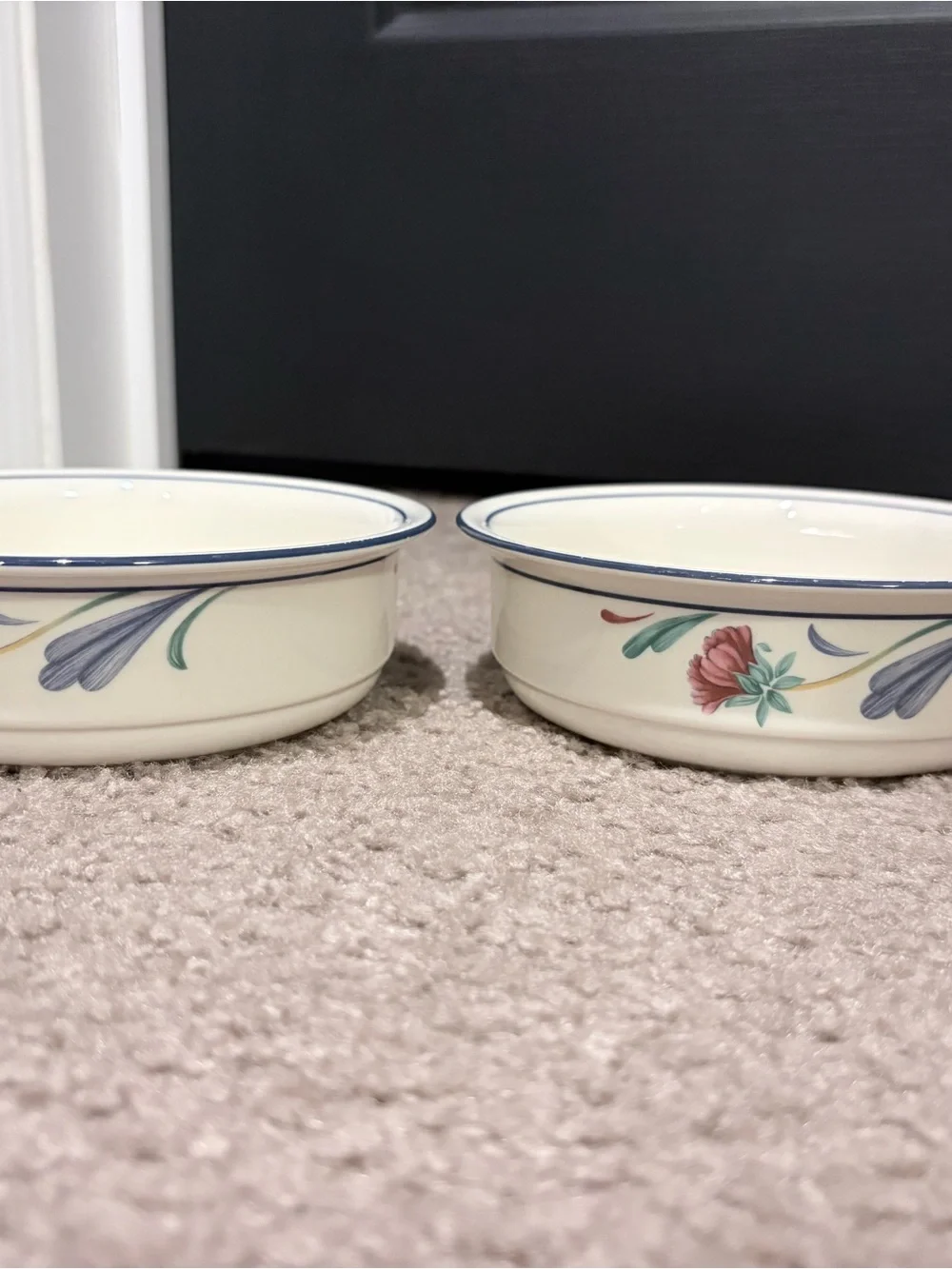 Lenox Cream Ceramic Serving Bowls with Blue Rim and Floral Motif